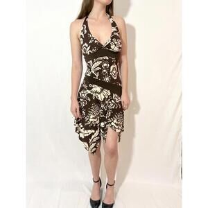 Brown and White Floral Y2K LaBelle Halter Dress